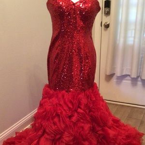 Red Sequin Top, tulle button Ellie Wilde Mon Cheri gown